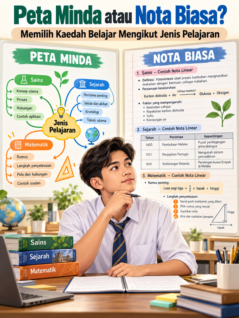 Peta Minda atau Nota Biasa? Memilih Kaedah Belajar Mengikut Jenis Pelajaran
