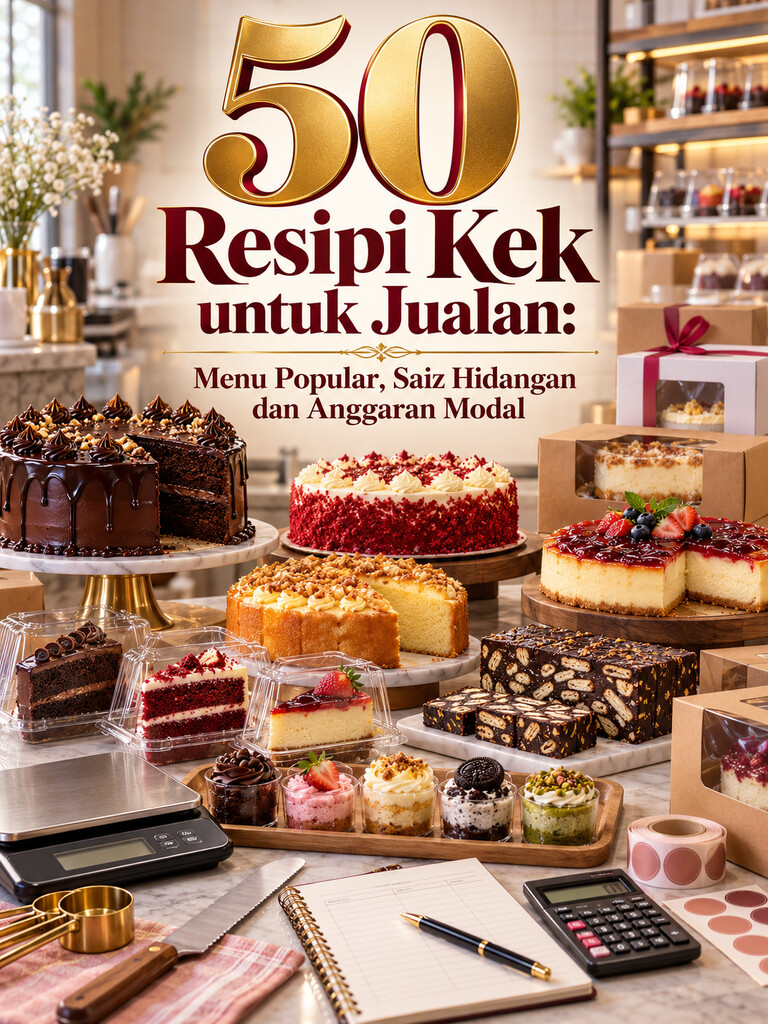 50 Resipi Kek untuk Jualan: Menu Popular, Saiz Hidangan dan Anggaran Modal