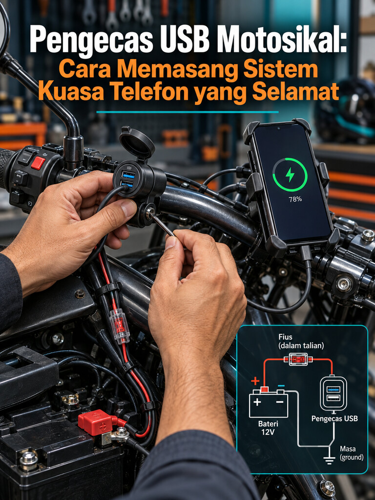Pengecas USB Motosikal: Cara Memasang Sistem Kuasa Telefon yang Selamat