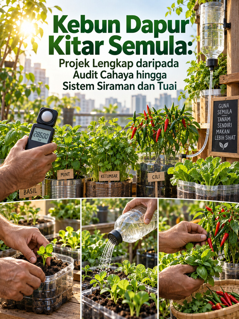 Kebun Dapur Kitar Semula: Projek Lengkap daripada Audit Cahaya hingga Sistem Siraman dan Tuai